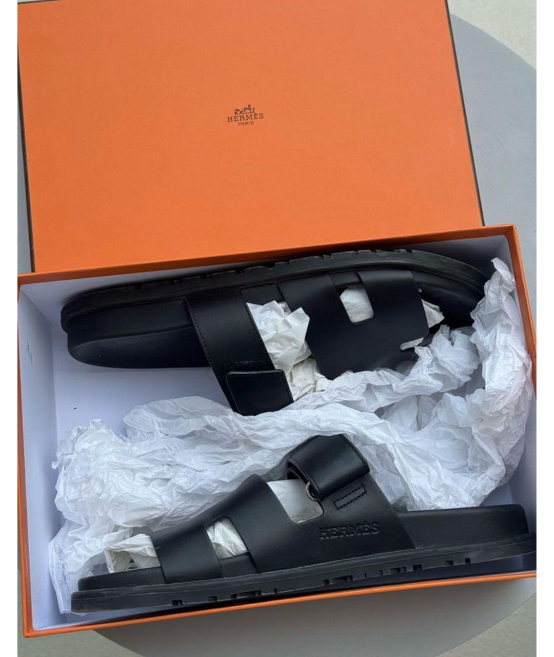 HERMES Черные кожаные шлепанцы, фото 5