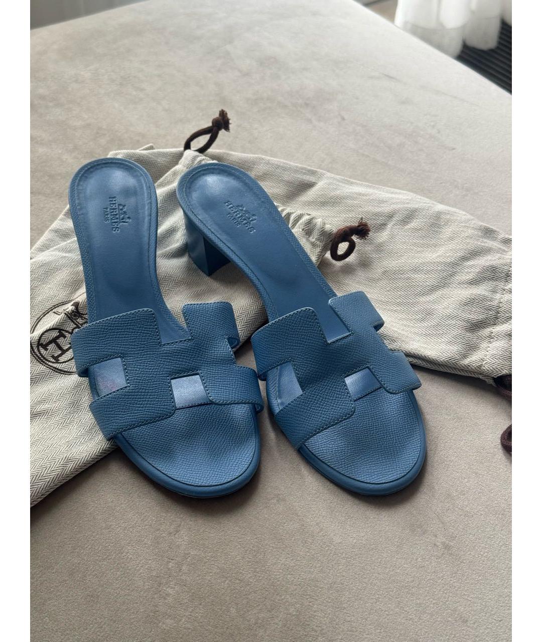 HERMES Голубые кожаные мюли, фото 2