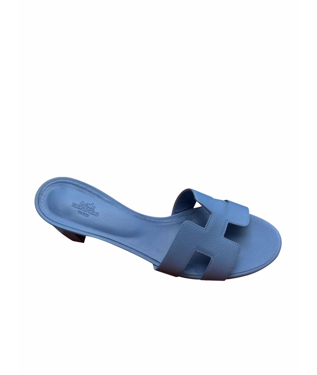 HERMES Голубые кожаные мюли, фото 1