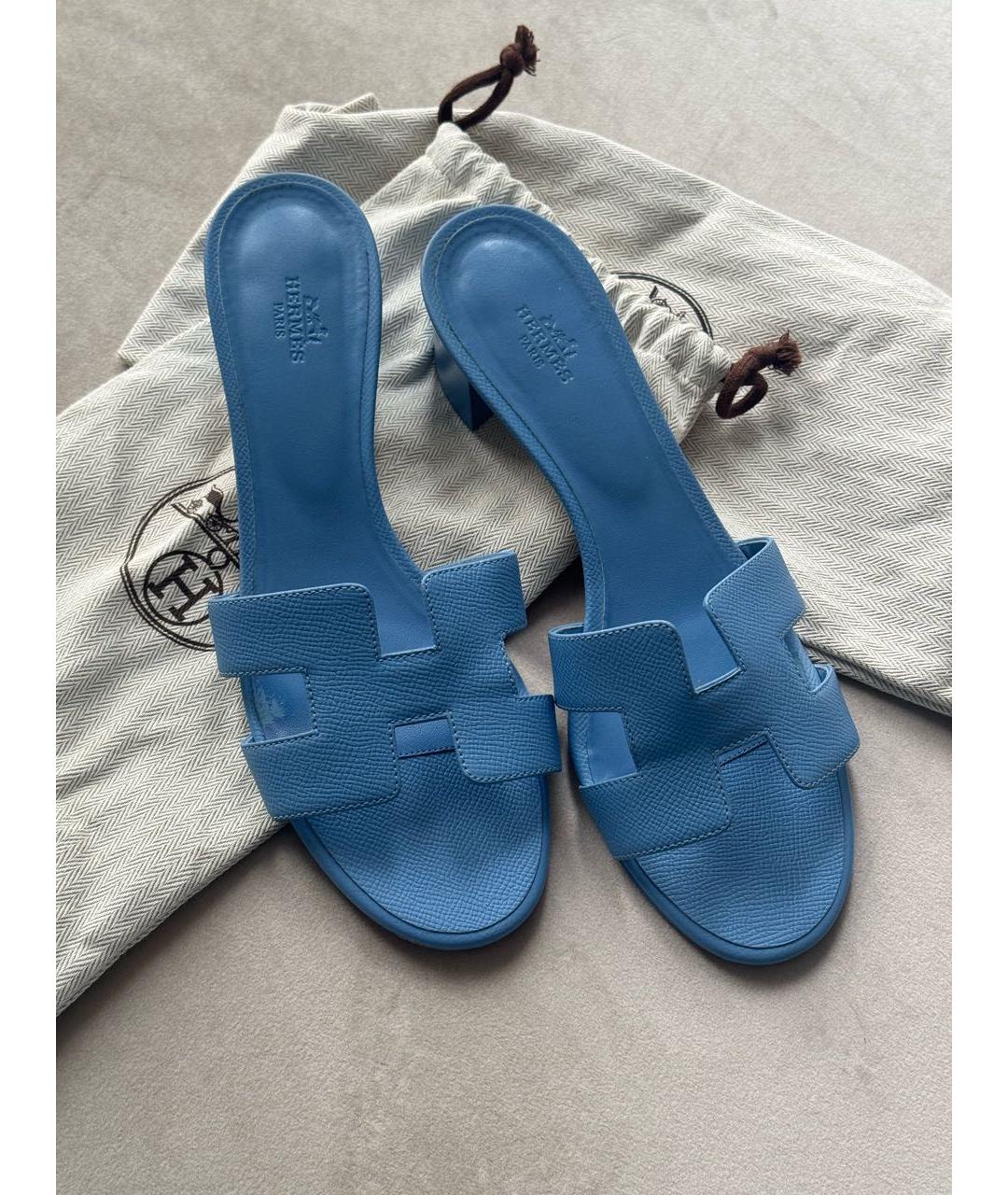 HERMES Голубые кожаные мюли, фото 5