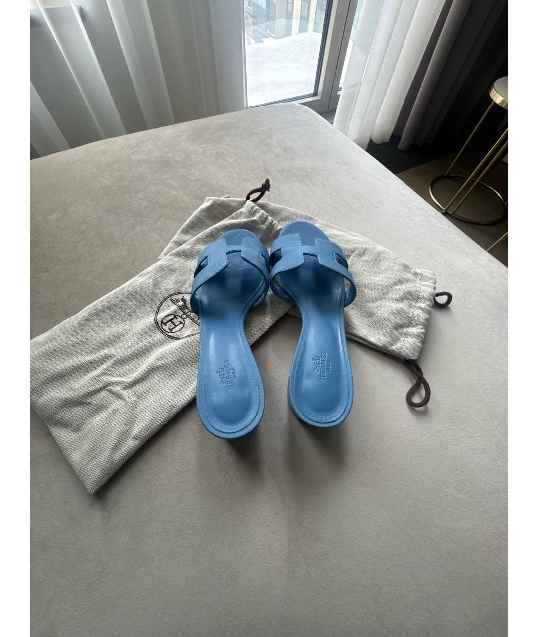 HERMES Голубые кожаные мюли, фото 3