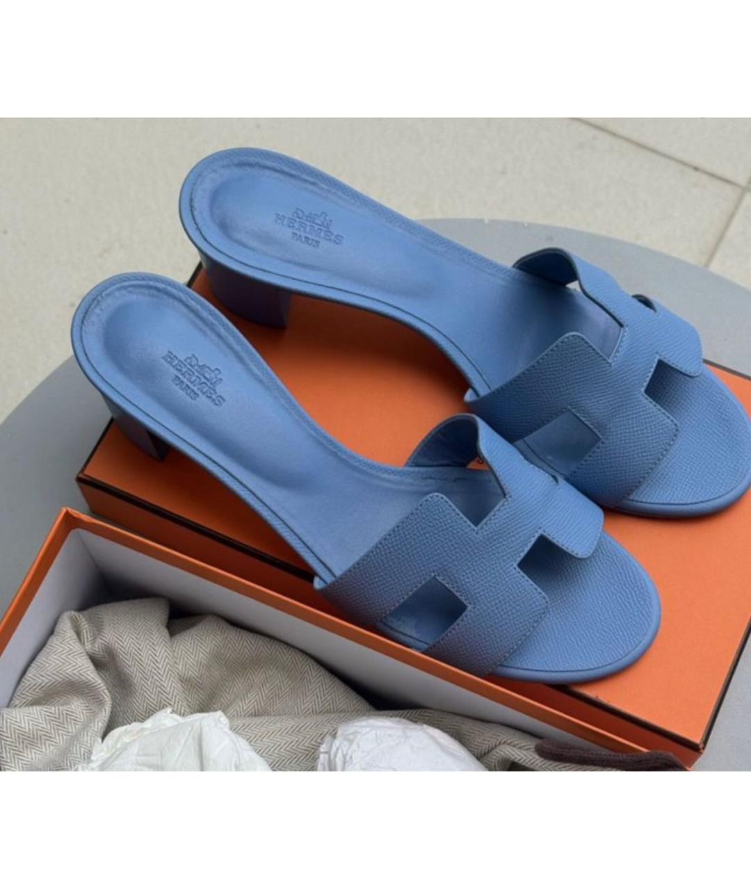 HERMES Голубые кожаные мюли, фото 6