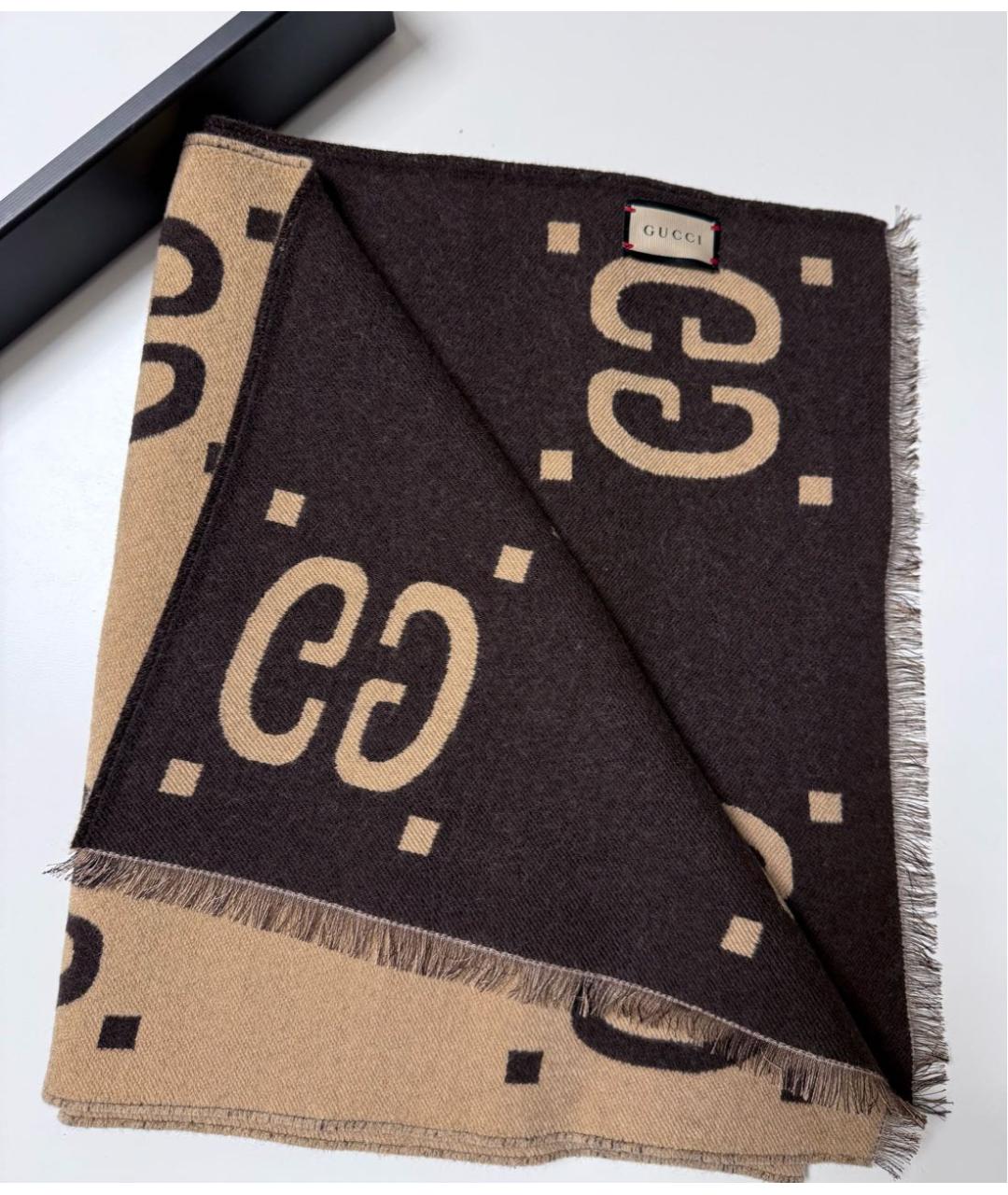 GUCCI Коричневый шерстяной шарф, фото 9