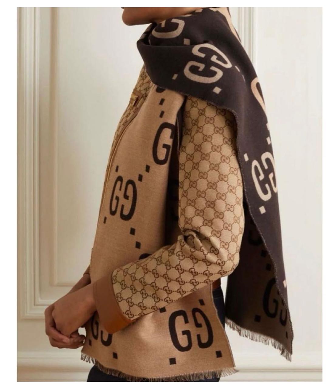 GUCCI Коричневый шерстяной шарф, фото 7