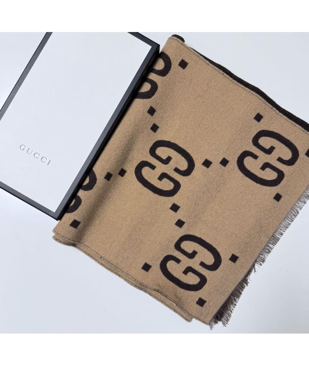 GUCCI Коричневый шерстяной шарф, фото 4