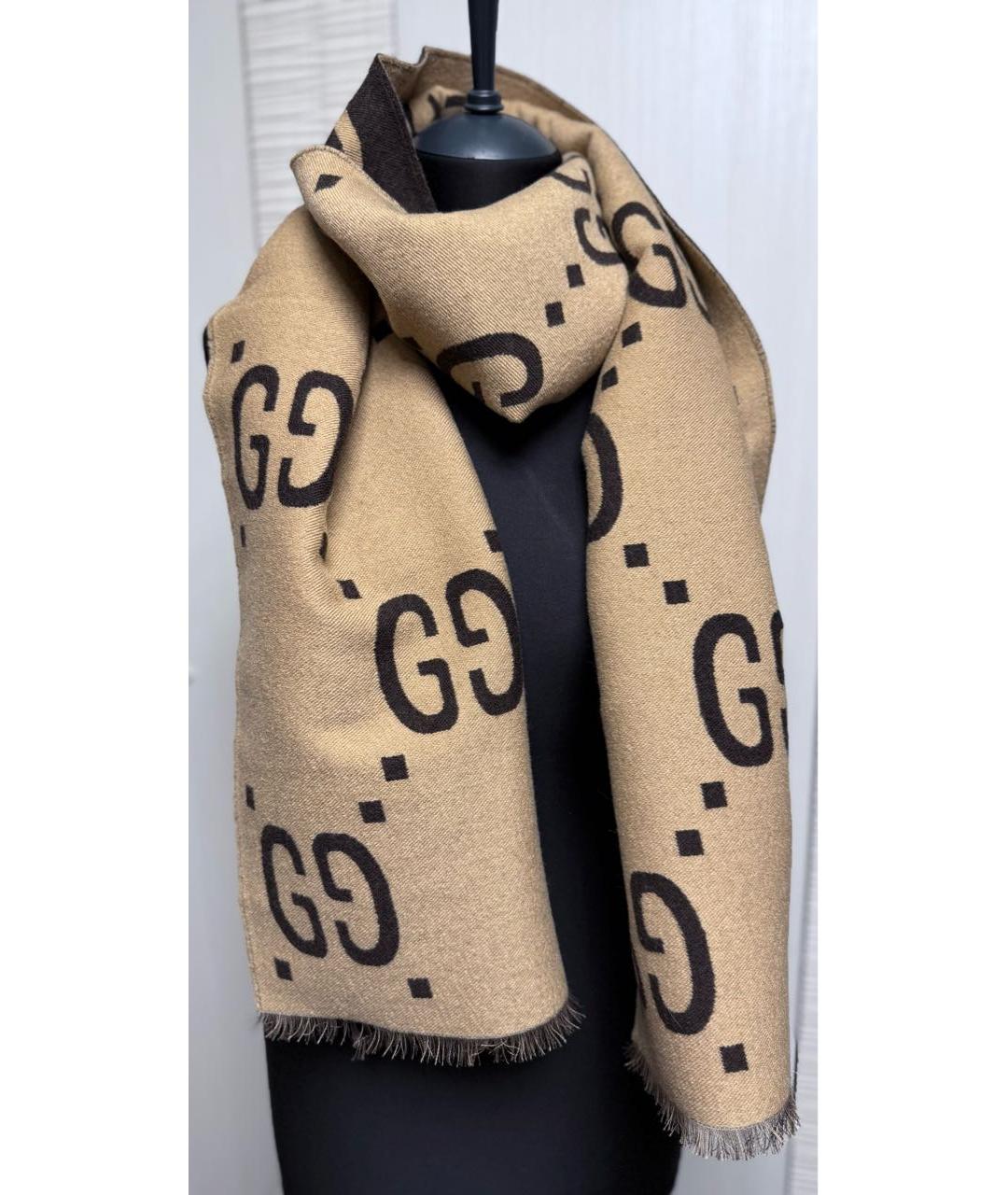 GUCCI Коричневый шерстяной шарф, фото 2