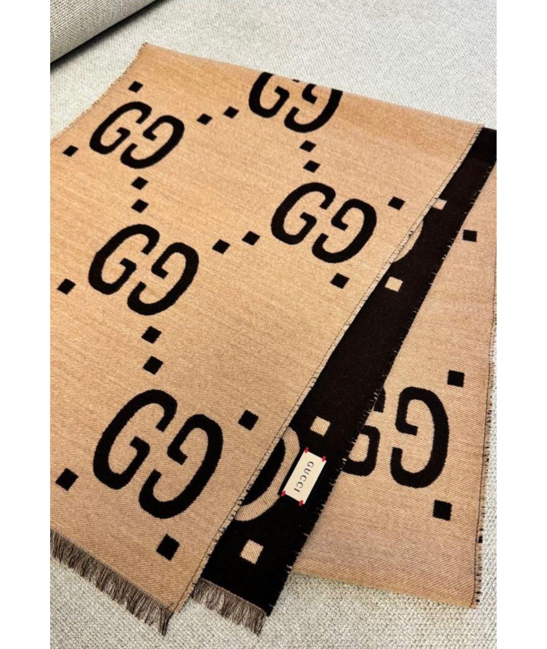 GUCCI Коричневый шерстяной шарф, фото 6