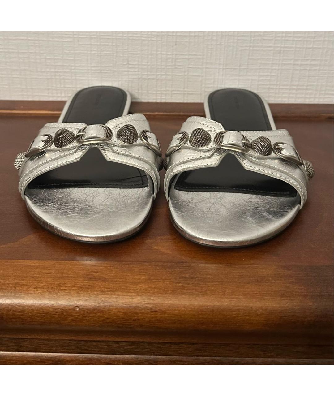 BALENCIAGA Серебряные кожаные шлепанцы, фото 3