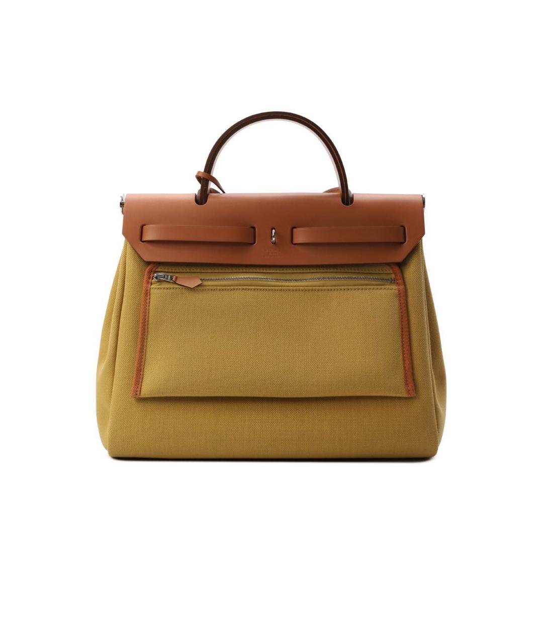 HERMES Горчичная тканевая сумка с короткими ручками, фото 3