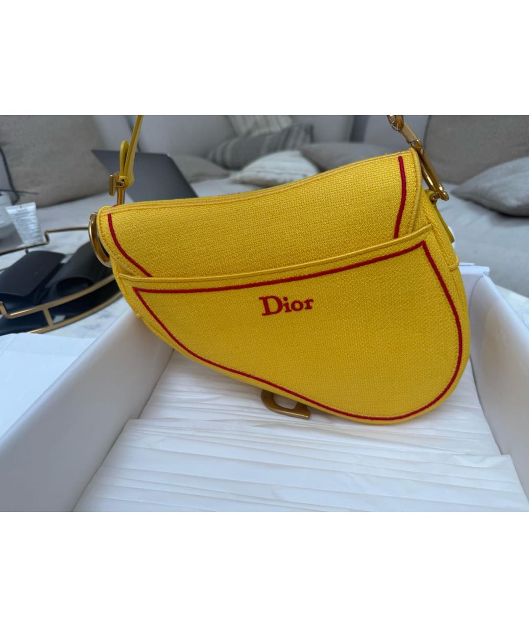 CHRISTIAN DIOR Желтая твидовая сумка с короткими ручками, фото 6