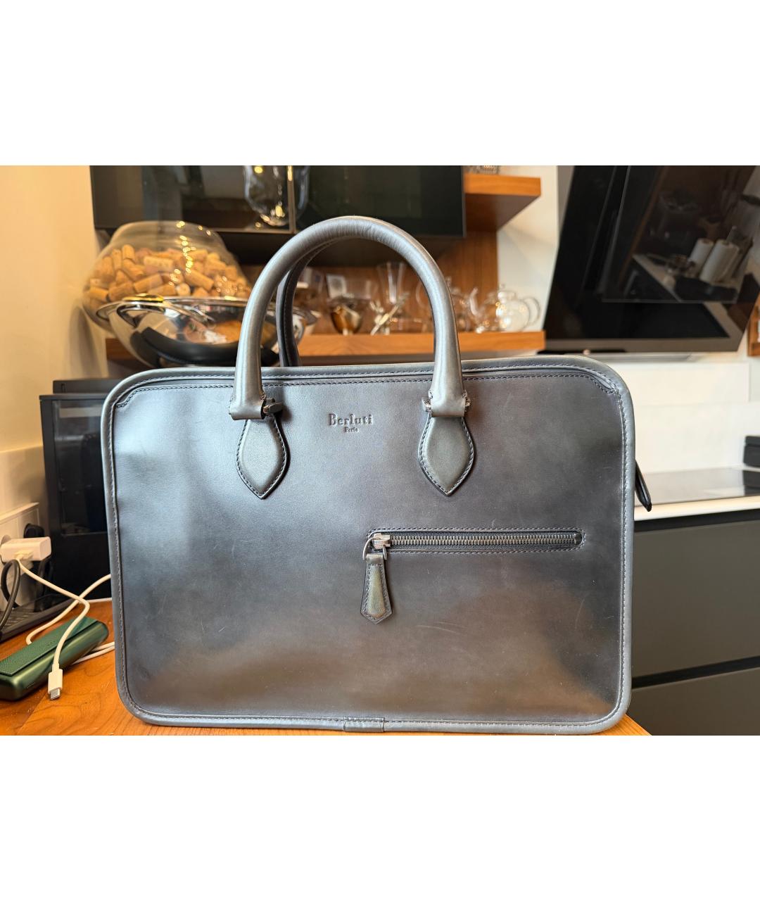 BERLUTI Антрацитовый кожаный портфель, фото 9