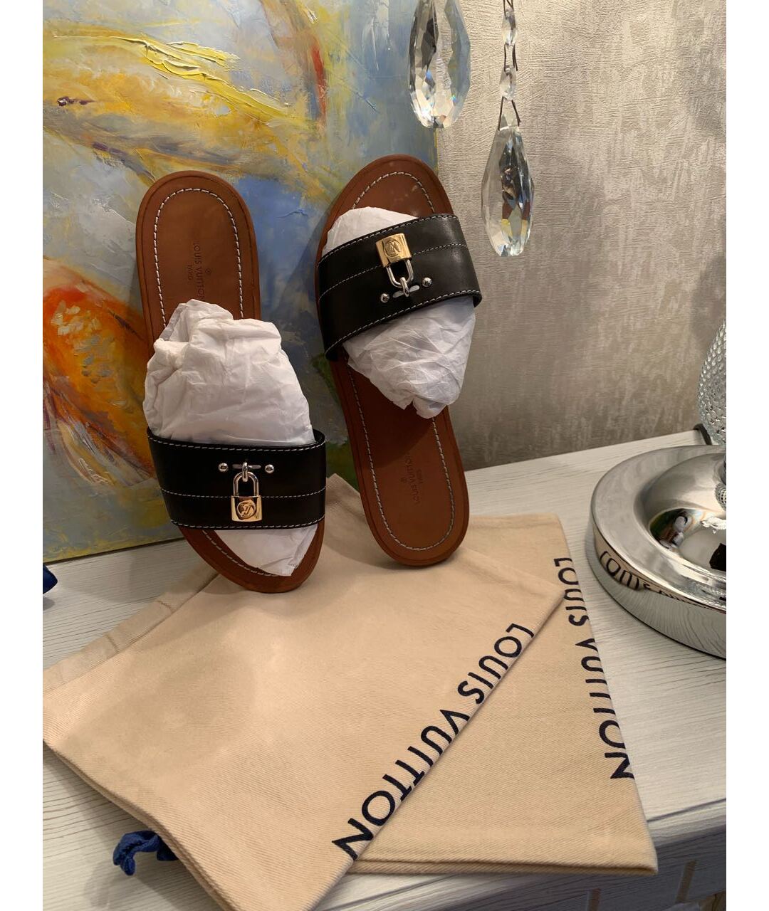 LOUIS VUITTON Черные кожаные шлепанцы, фото 4