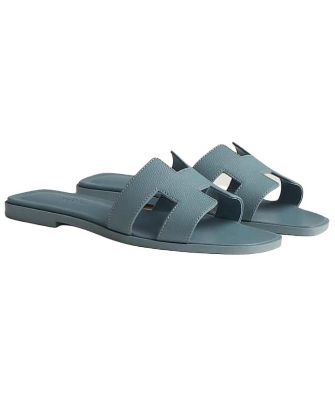 HERMES Голубые кожаные шлепанцы, фото 4