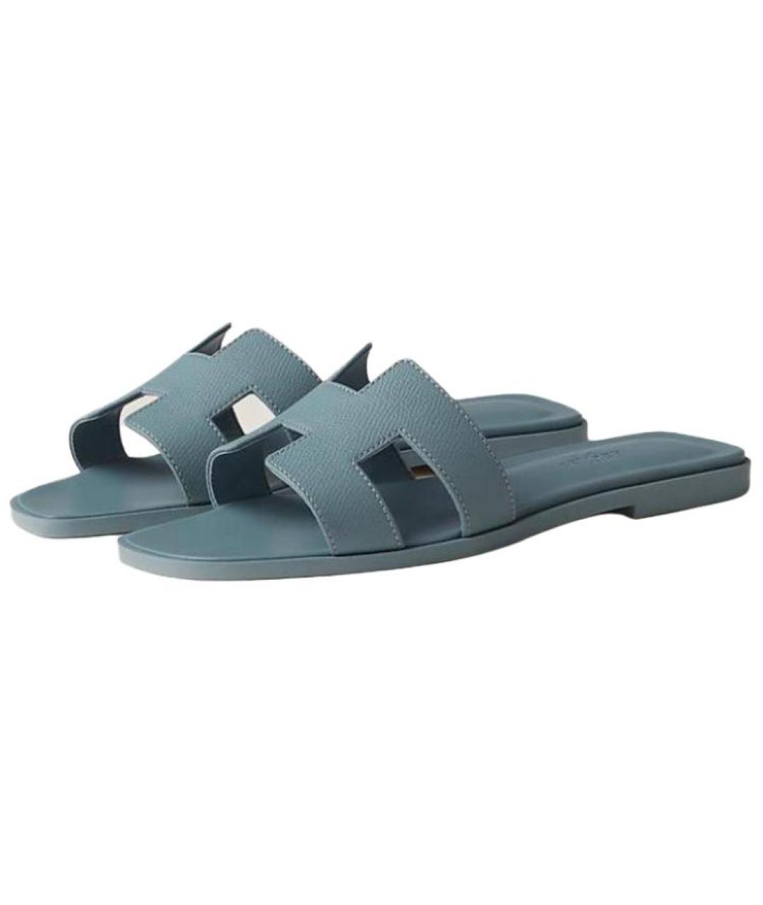 HERMES Голубые кожаные шлепанцы, фото 3