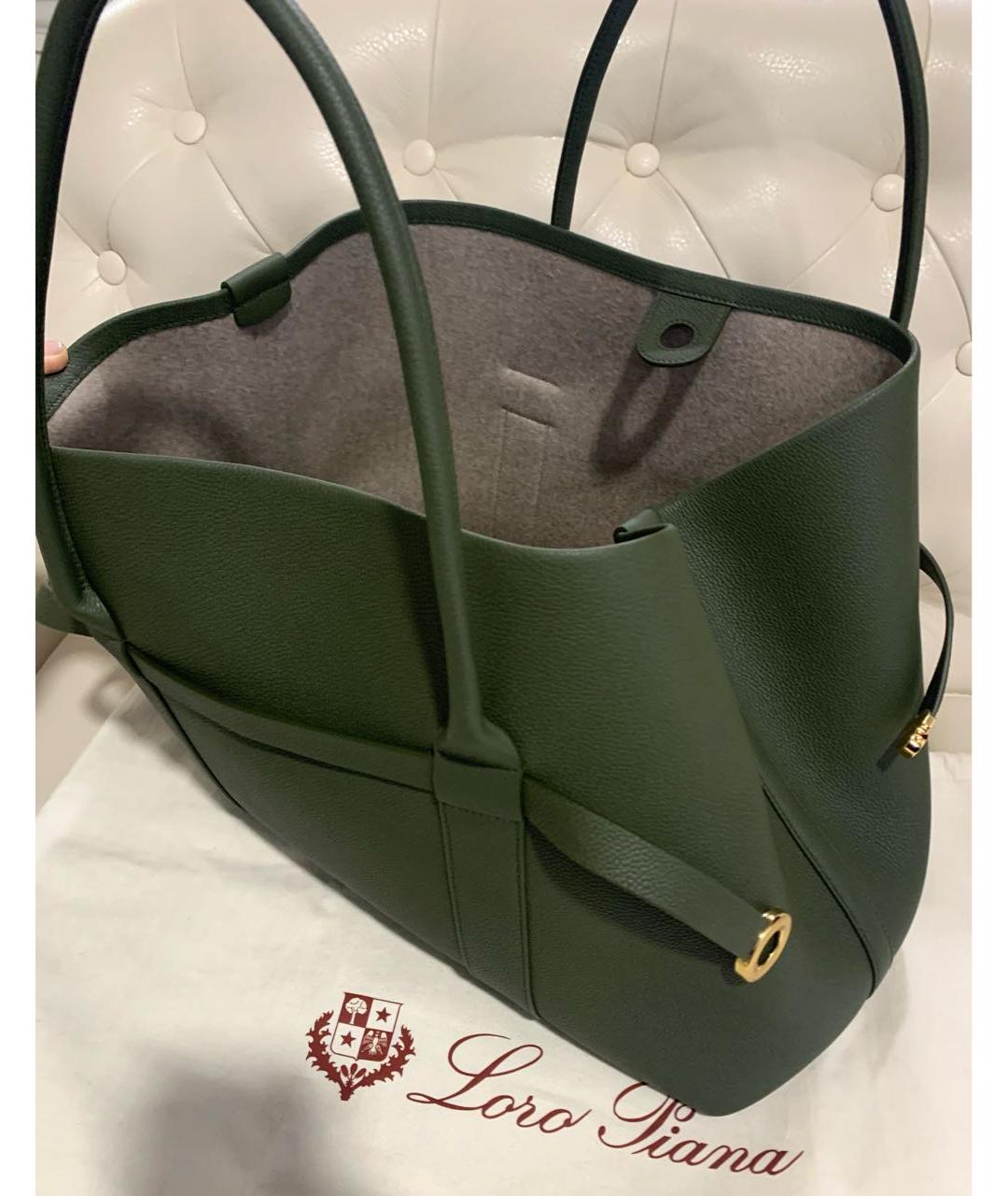 LORO PIANA Зеленая кожаная сумка тоут, фото 4