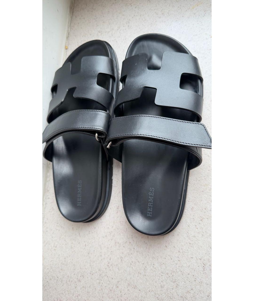 HERMES Черные кожаные шлепанцы, фото 6