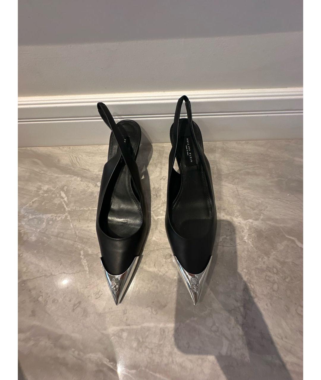 PHILIPP PLEIN Черные кожаные лодочки на низком каблуке, фото 2