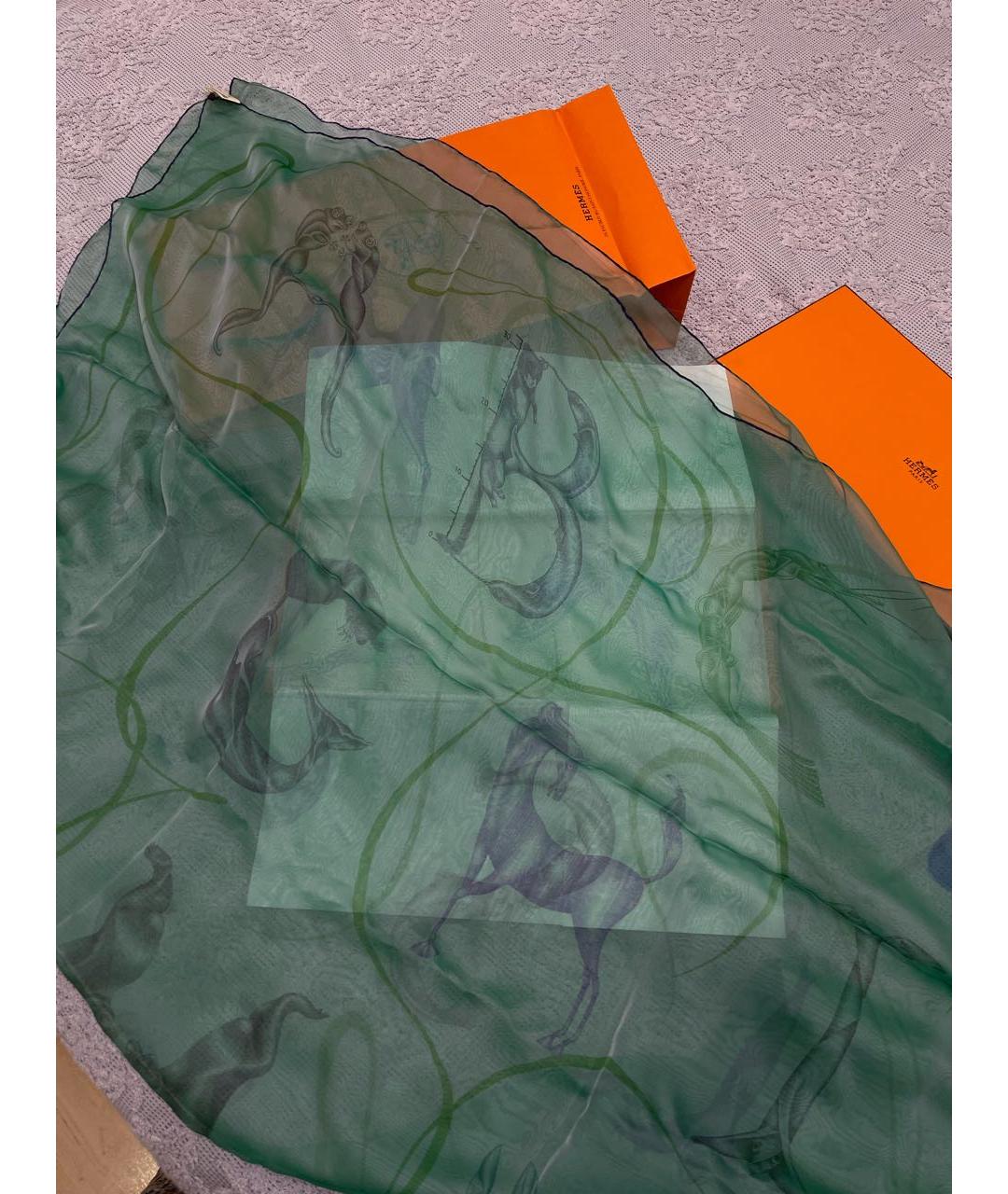 HERMES Зеленый шелковый шарф, фото 2