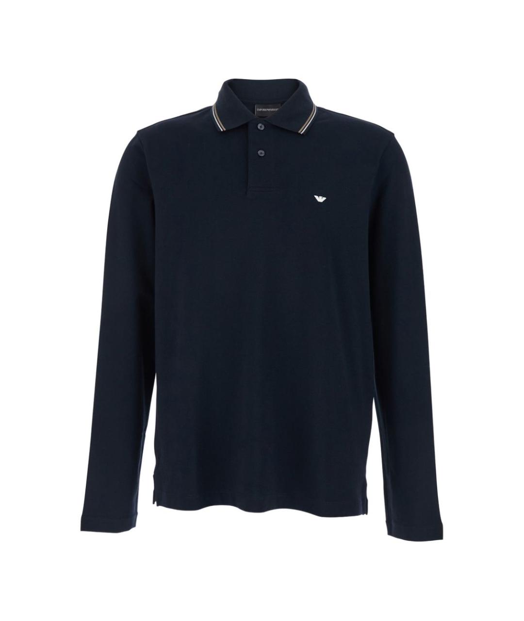 EMPORIO ARMANI Темно-синее хлопковое поло с длинным рукавом, фото 1