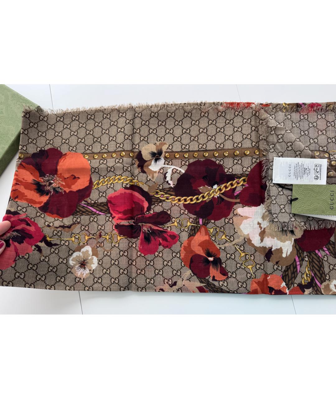 GUCCI Коричневый шерстяной платок, фото 2