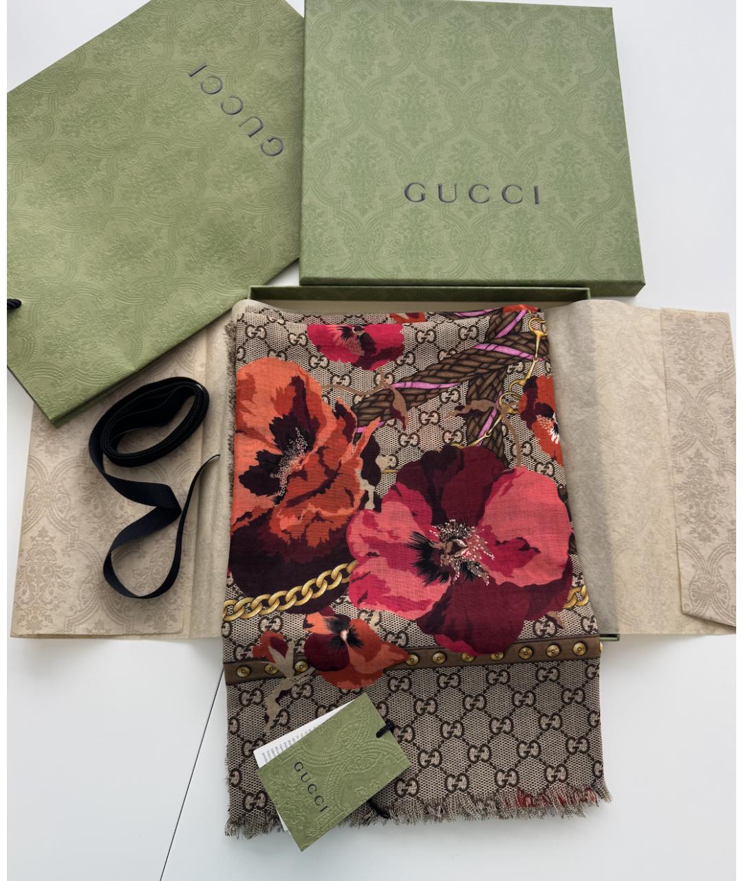 GUCCI Коричневый шерстяной платок, фото 4
