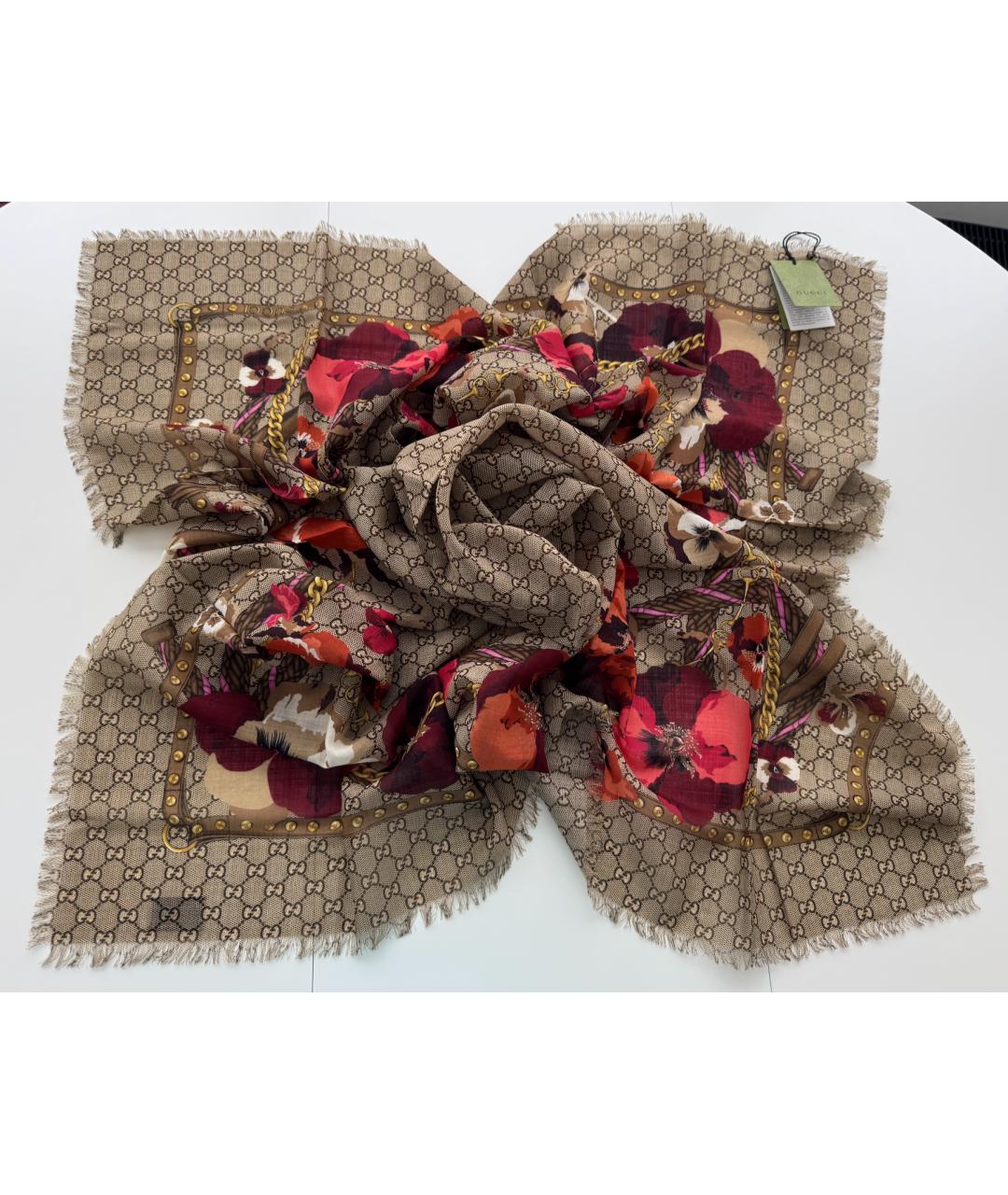 GUCCI Коричневый шерстяной платок, фото 9