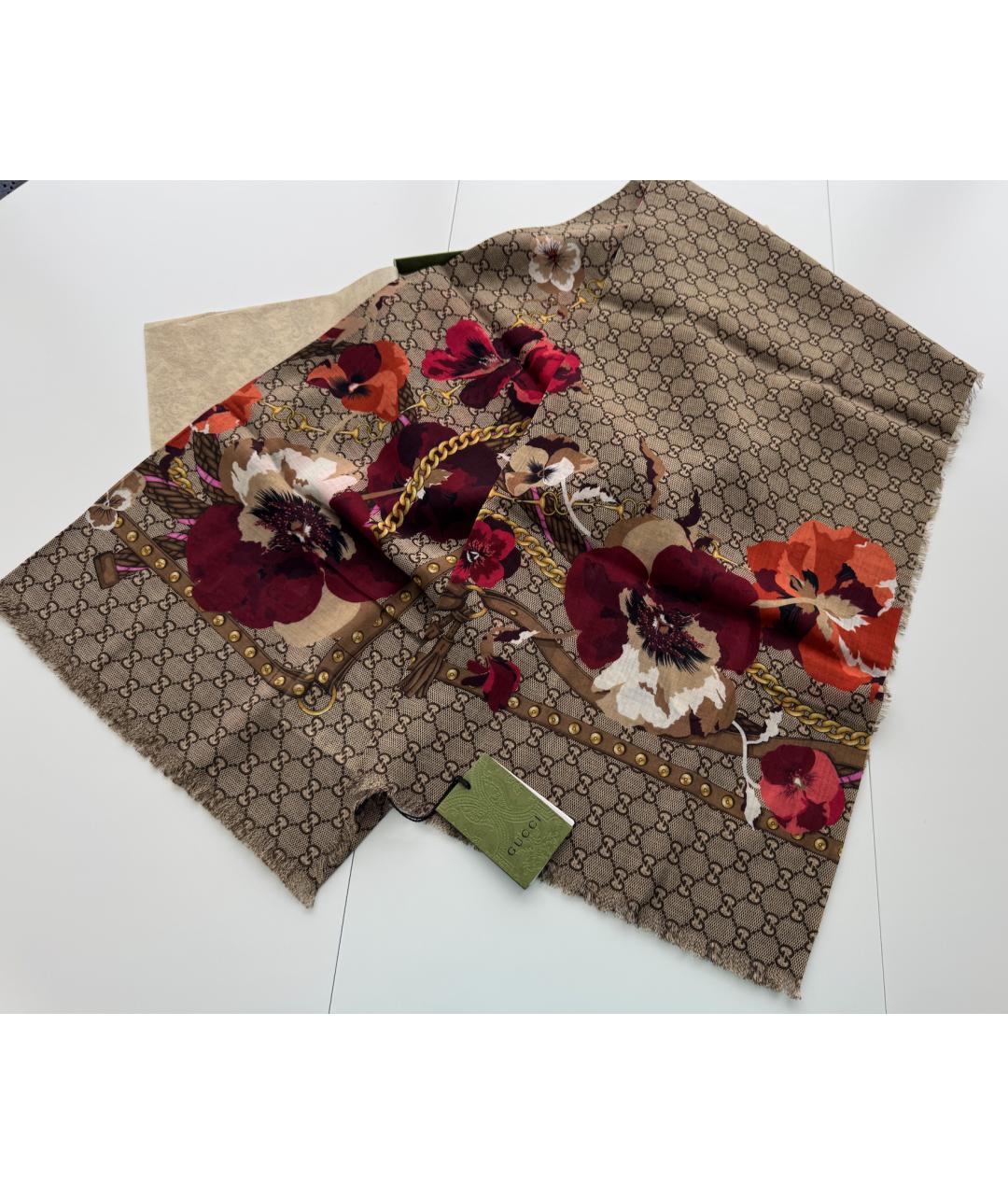 GUCCI Коричневый шерстяной платок, фото 6