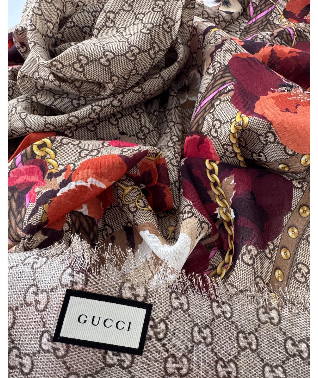 GUCCI Коричневый шерстяной платок, фото 8