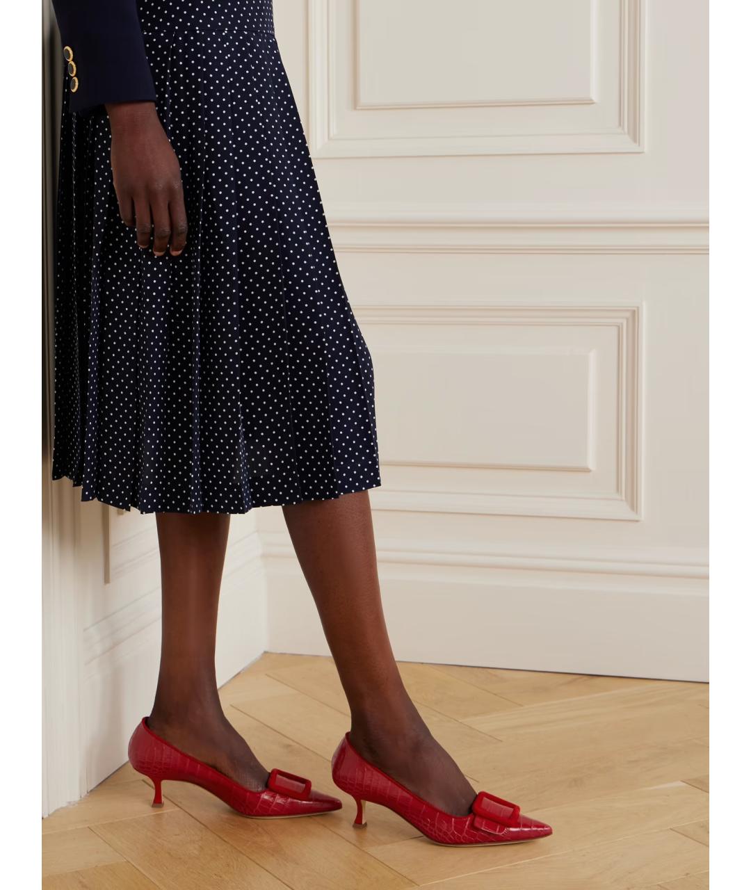 MANOLO BLAHNIK Красные кожаные лодочки на низком каблуке, фото 2