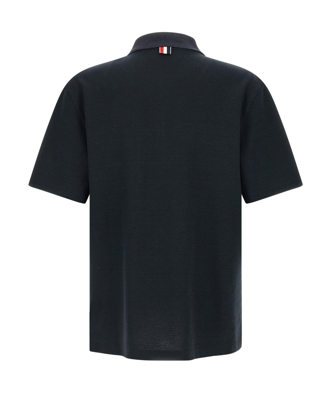 THOM BROWNE Темно-синее хлопко-леновое поло с коротким рукавом, фото 2