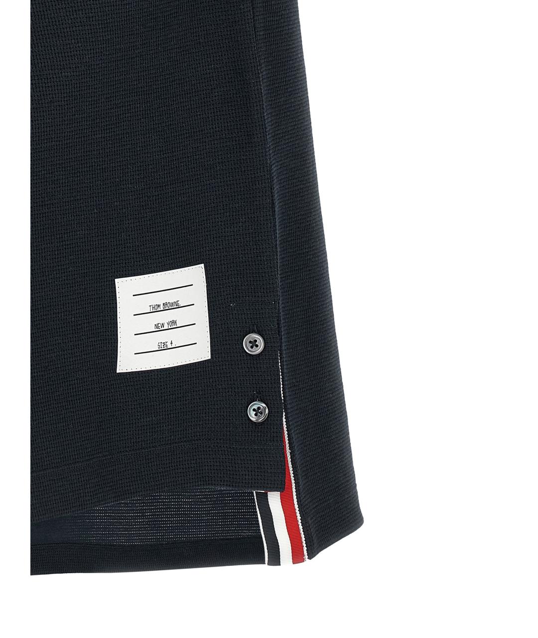 THOM BROWNE Темно-синее хлопко-леновое поло с коротким рукавом, фото 4