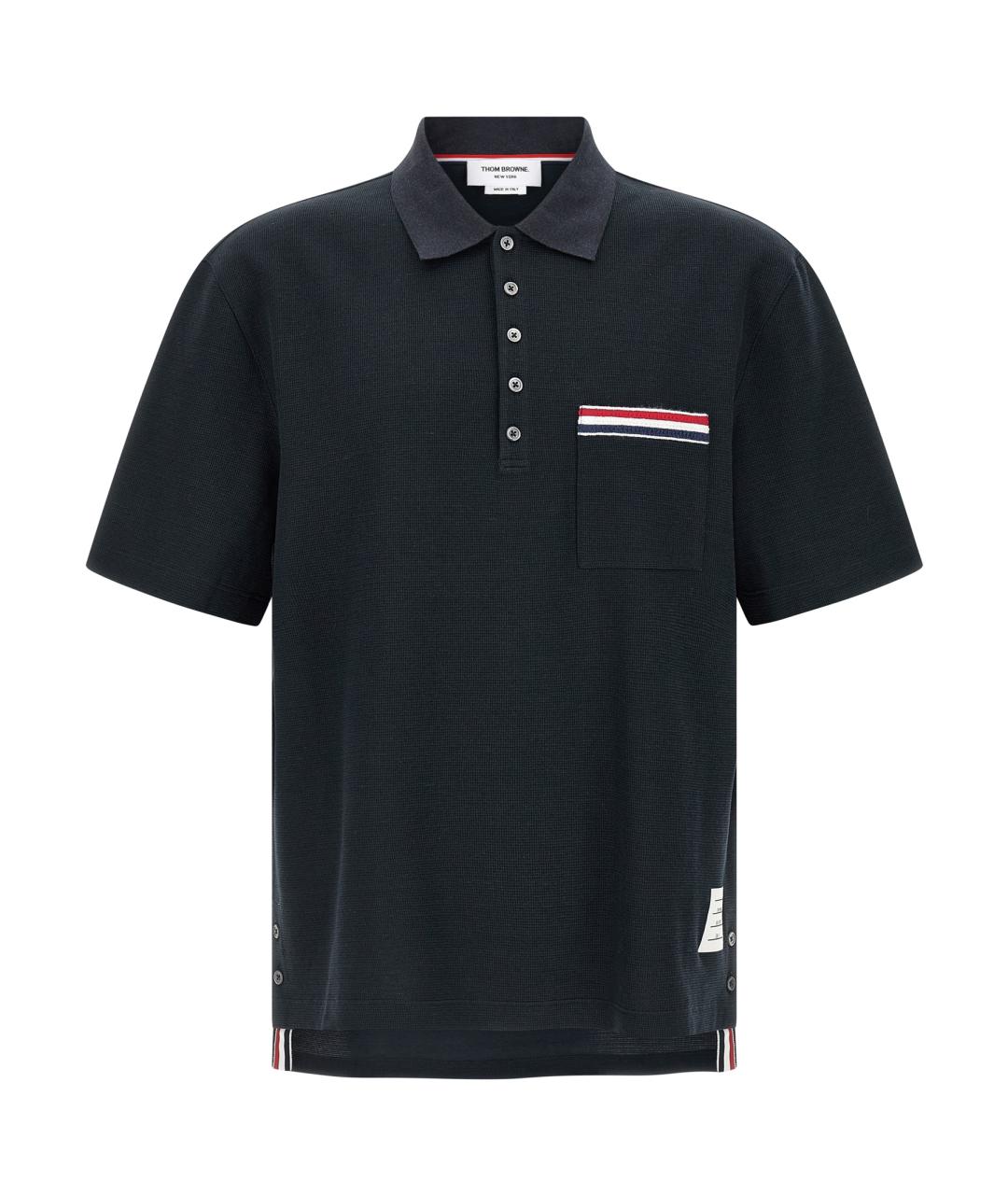THOM BROWNE Темно-синее хлопко-леновое поло с коротким рукавом, фото 1
