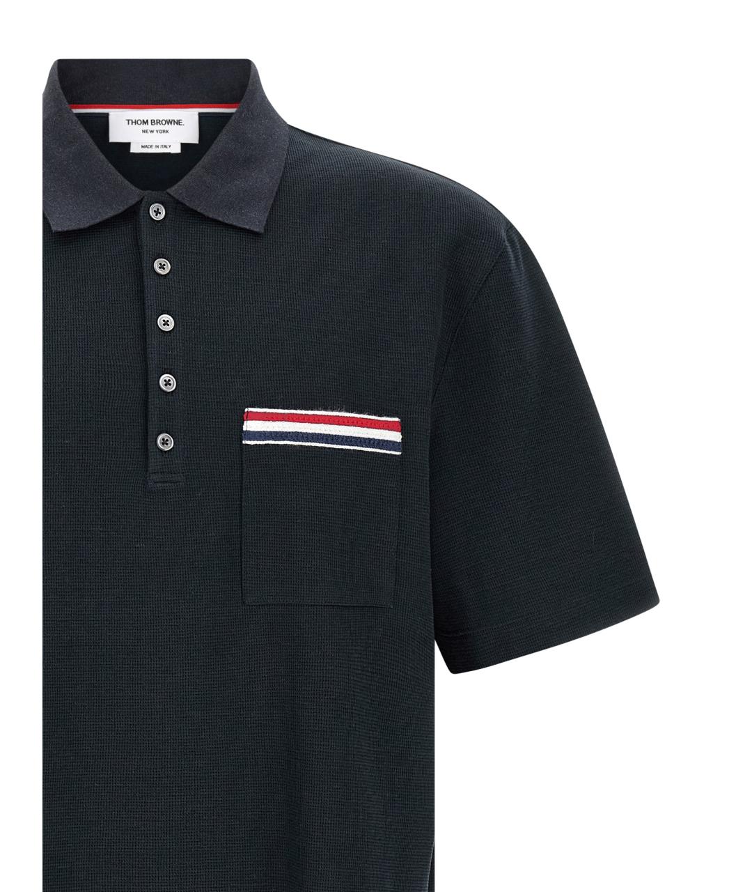 THOM BROWNE Темно-синее хлопко-леновое поло с коротким рукавом, фото 3