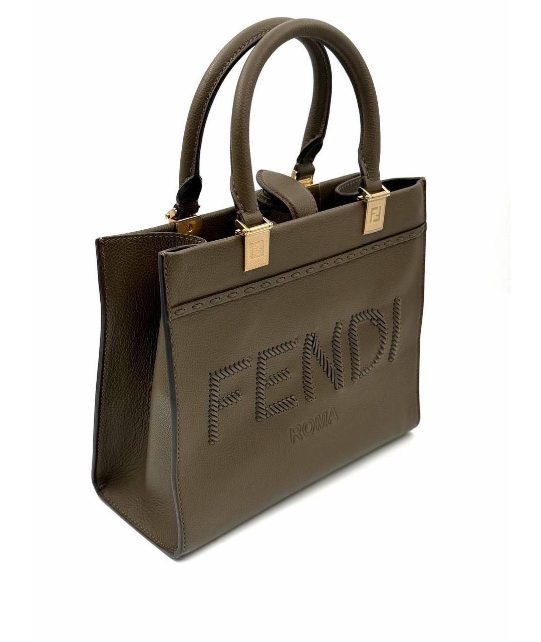 FENDI Хаки кожаная сумка тоут, фото 3