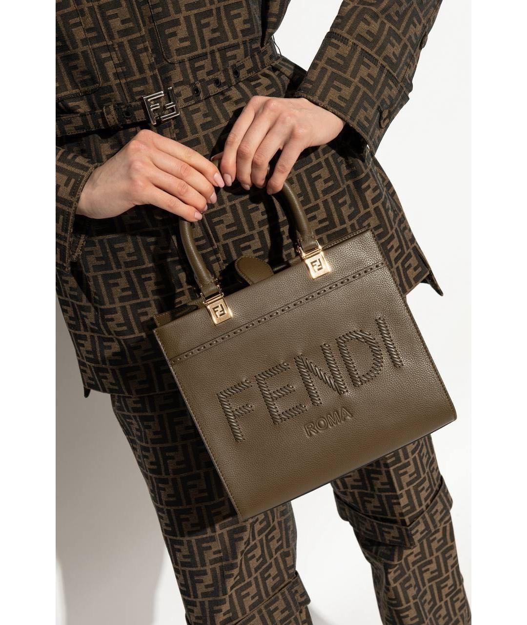 FENDI Хаки кожаная сумка тоут, фото 6