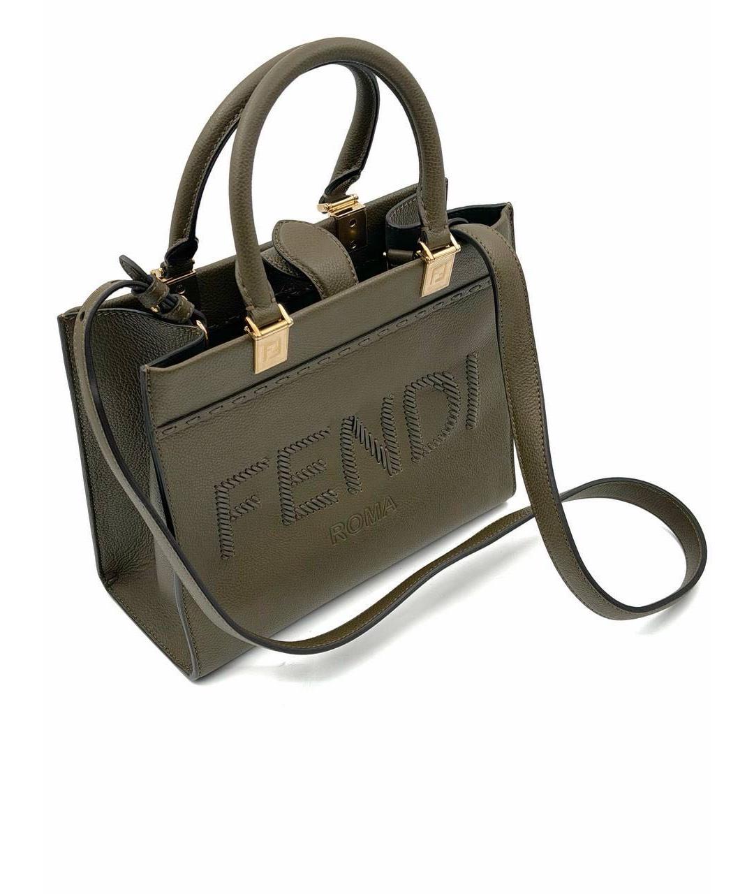 FENDI Хаки кожаная сумка тоут, фото 5