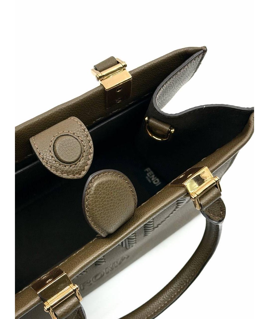 FENDI Хаки кожаная сумка тоут, фото 4