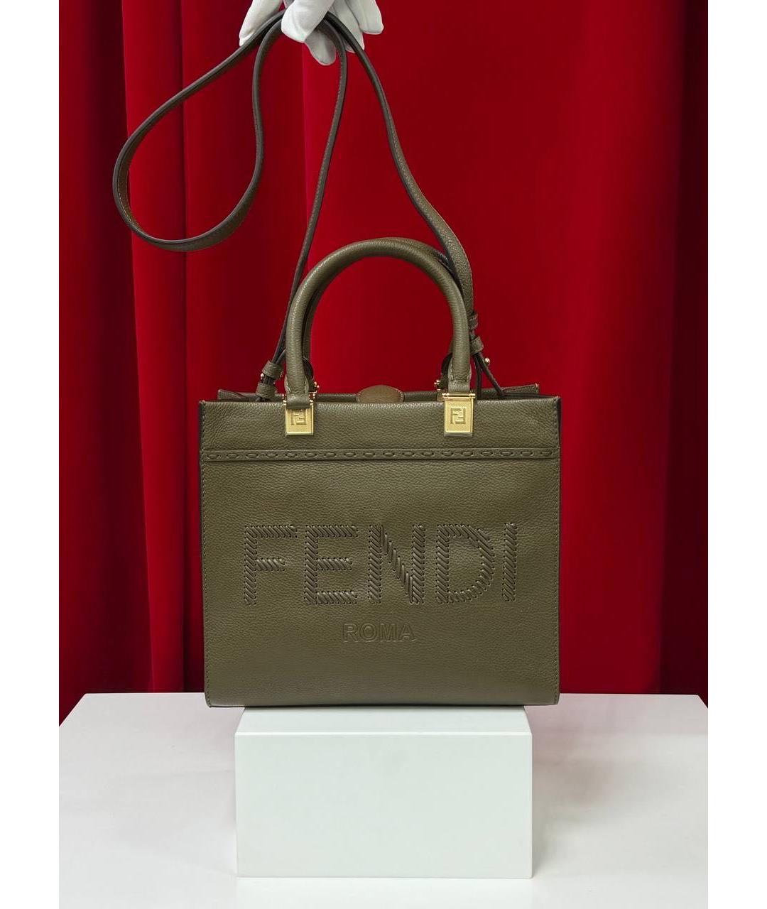 FENDI Хаки кожаная сумка тоут, фото 7