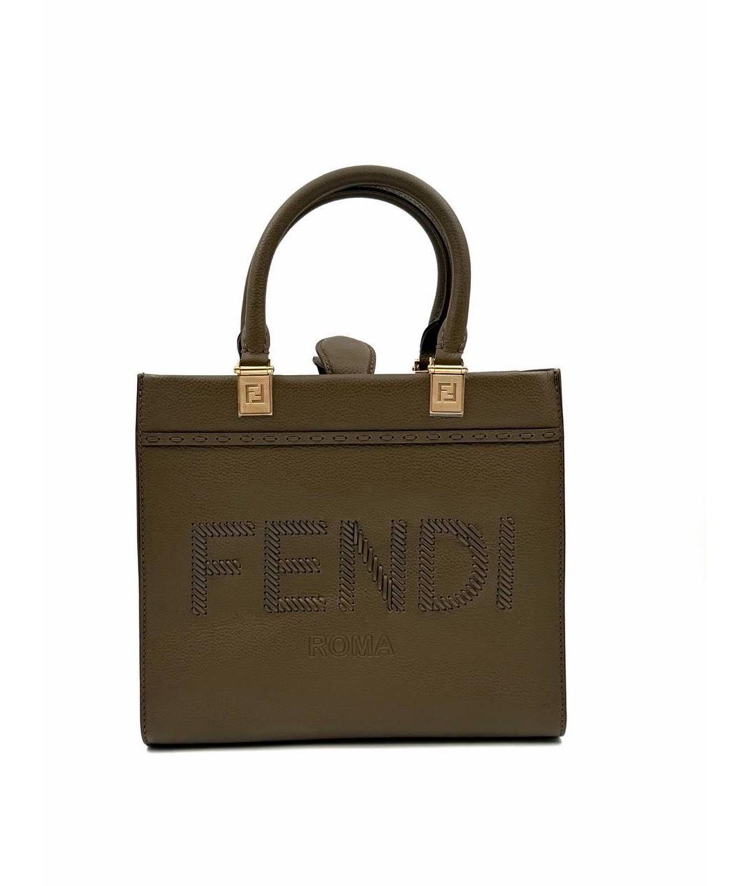 FENDI Хаки кожаная сумка тоут, фото 9