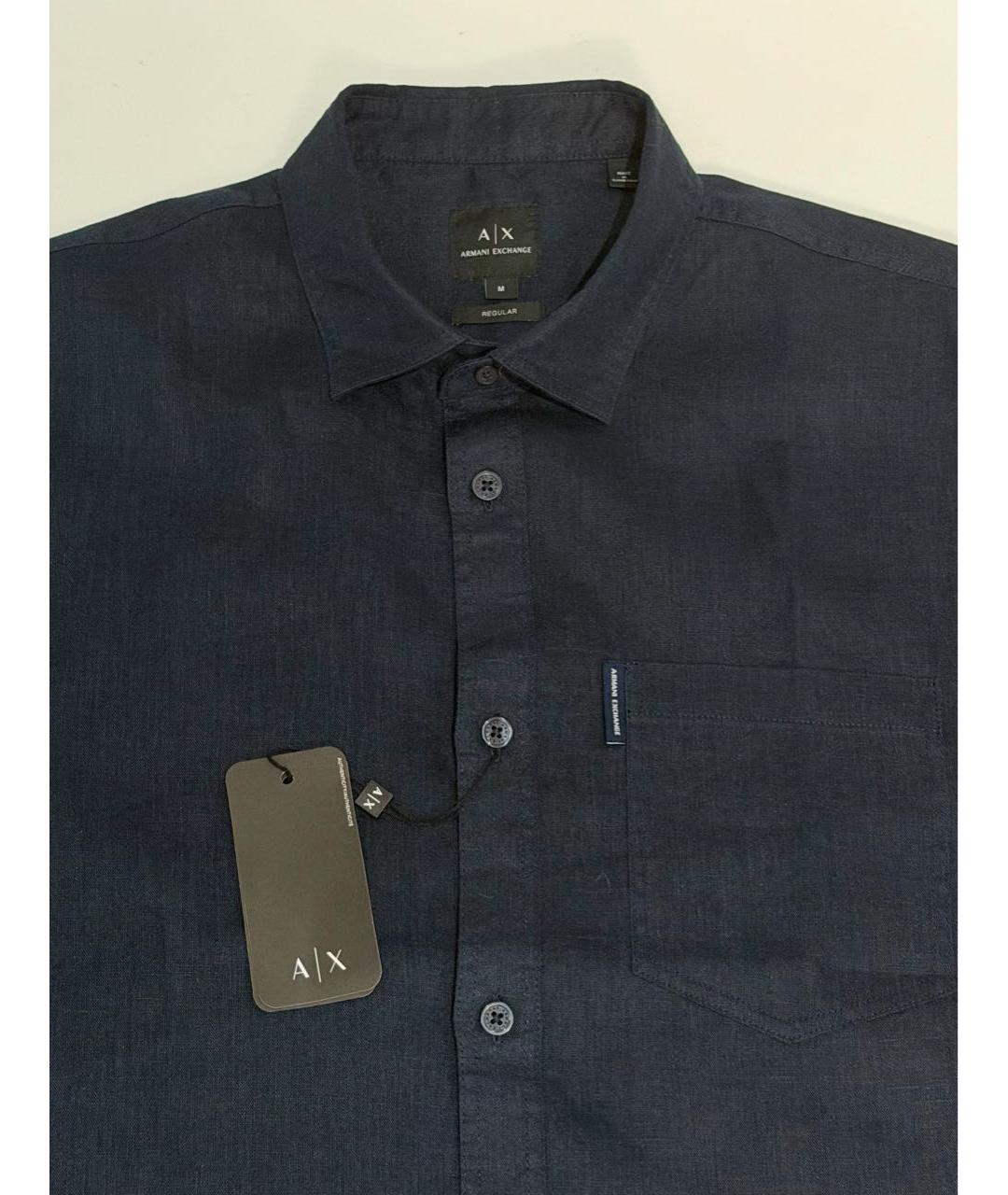 ARMANI EXCHANGE Темно-синяя льняная кэжуал рубашка, фото 3