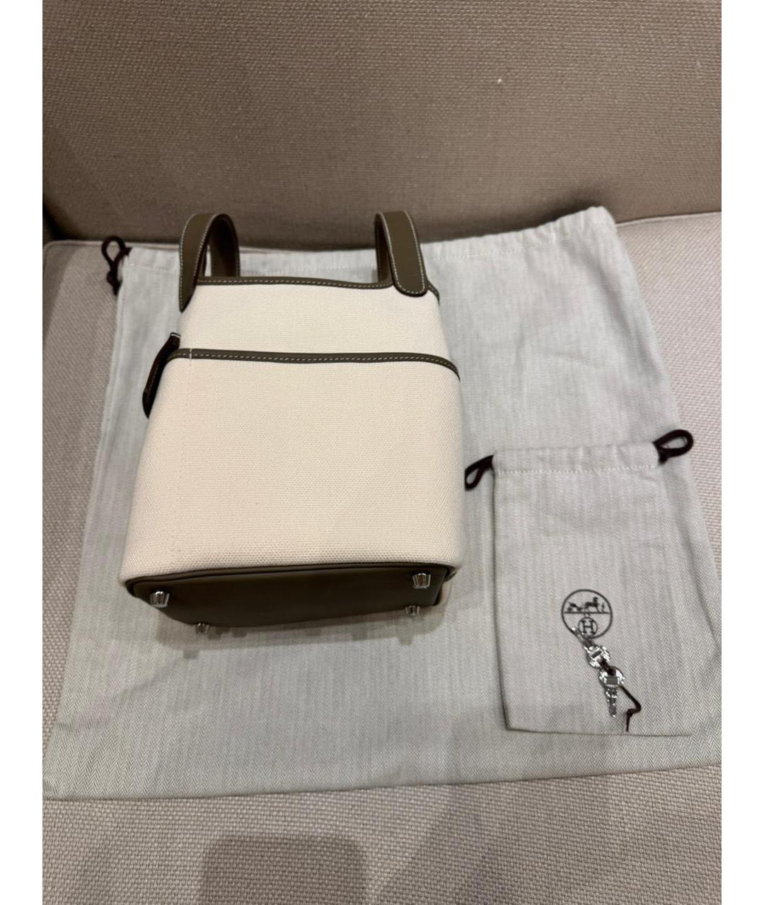 HERMES Бежевая тканевая сумка с короткими ручками, фото 4