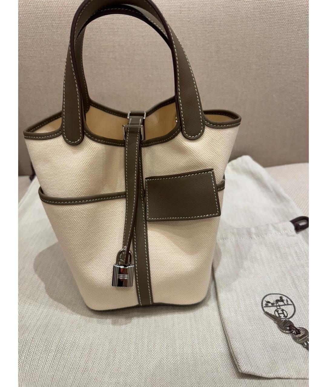 HERMES Бежевая тканевая сумка с короткими ручками, фото 2