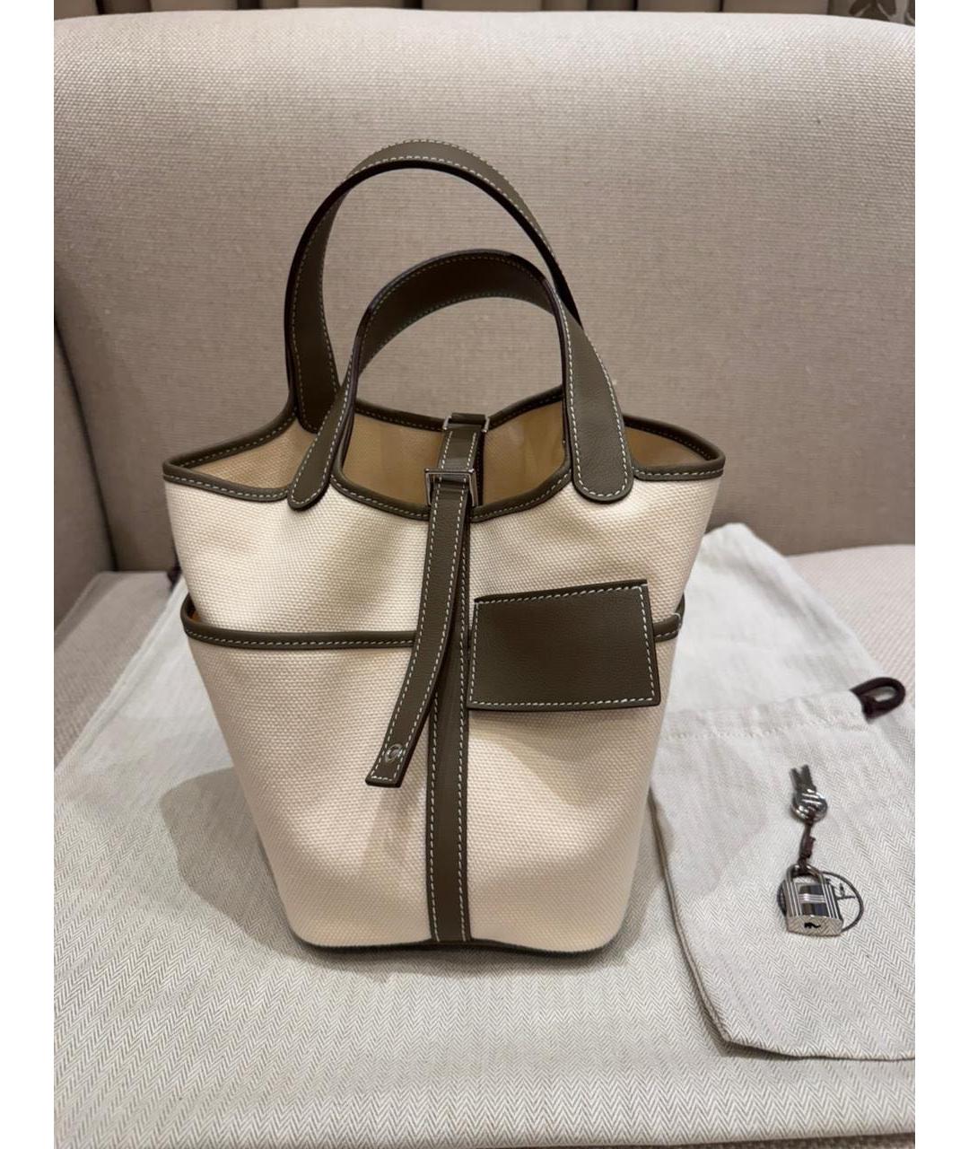 HERMES Бежевая тканевая сумка с короткими ручками, фото 6