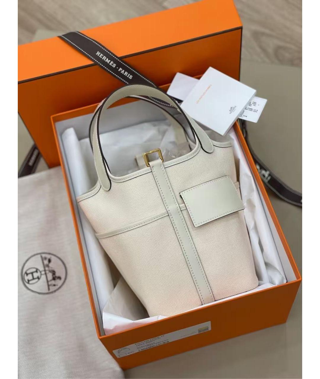 HERMES Белая тканевая сумка с короткими ручками, фото 6