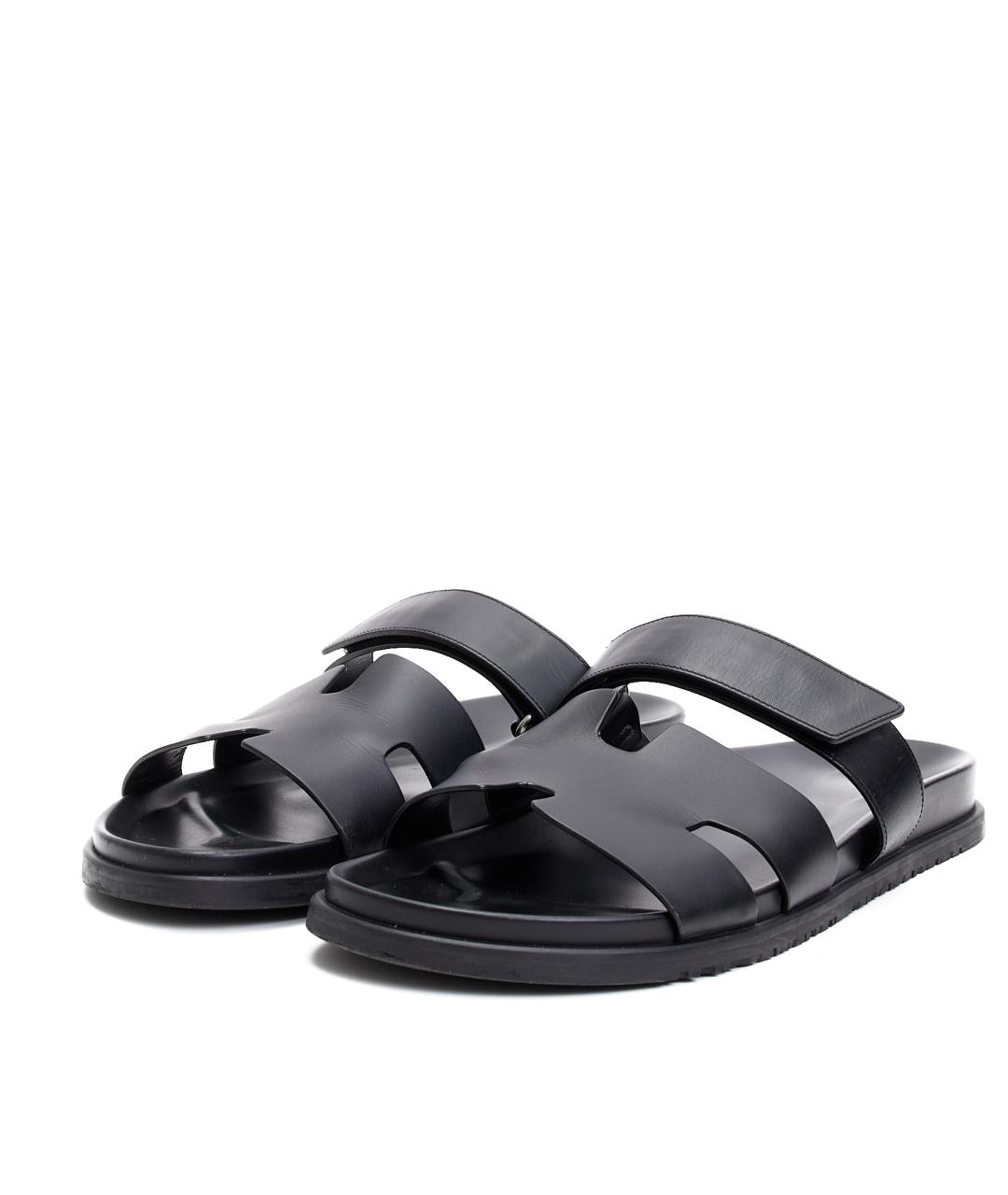 HERMES Черные кожаные шлепанцы, фото 4