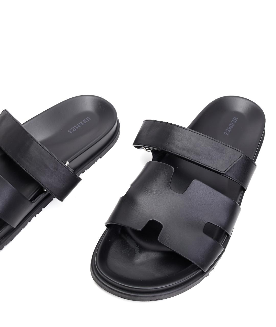 HERMES Черные кожаные шлепанцы, фото 2