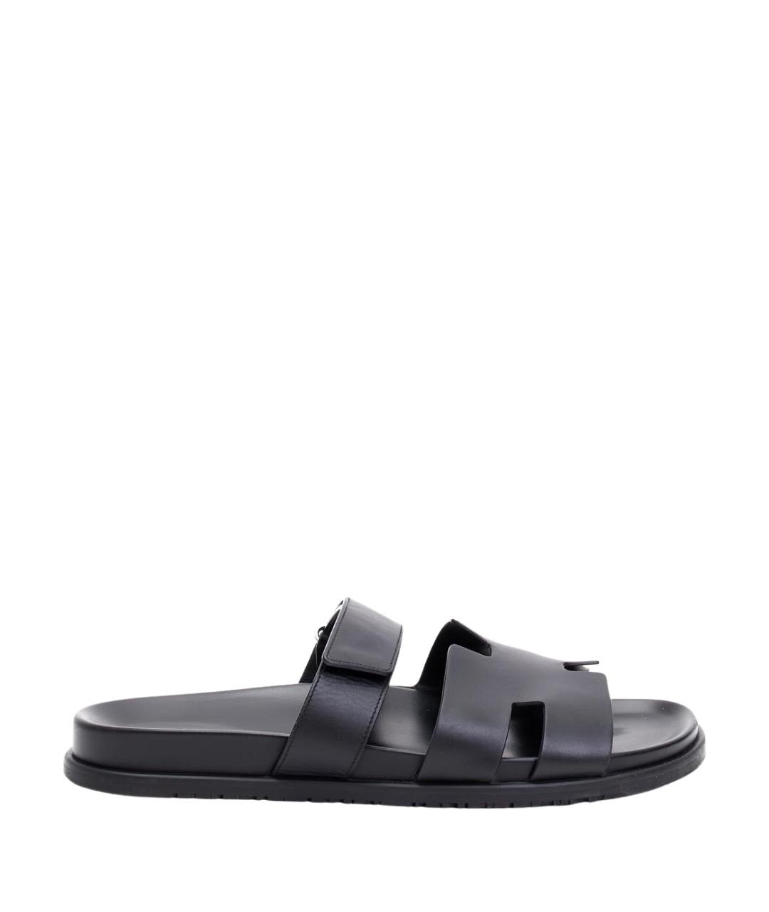 HERMES Черные кожаные шлепанцы, фото 1