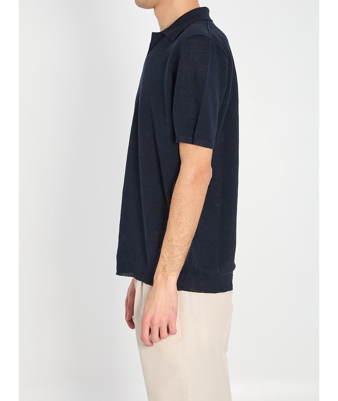 ROBERTO COLLINA Синее хлопко-леновое поло с коротким рукавом, фото 3