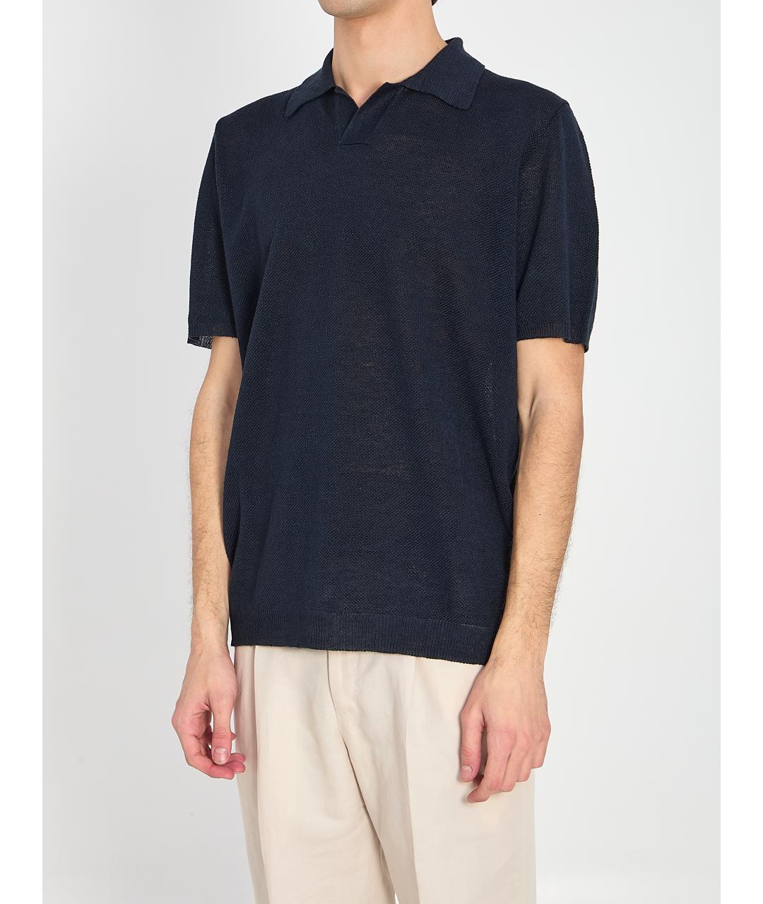 ROBERTO COLLINA Синее хлопко-леновое поло с коротким рукавом, фото 2