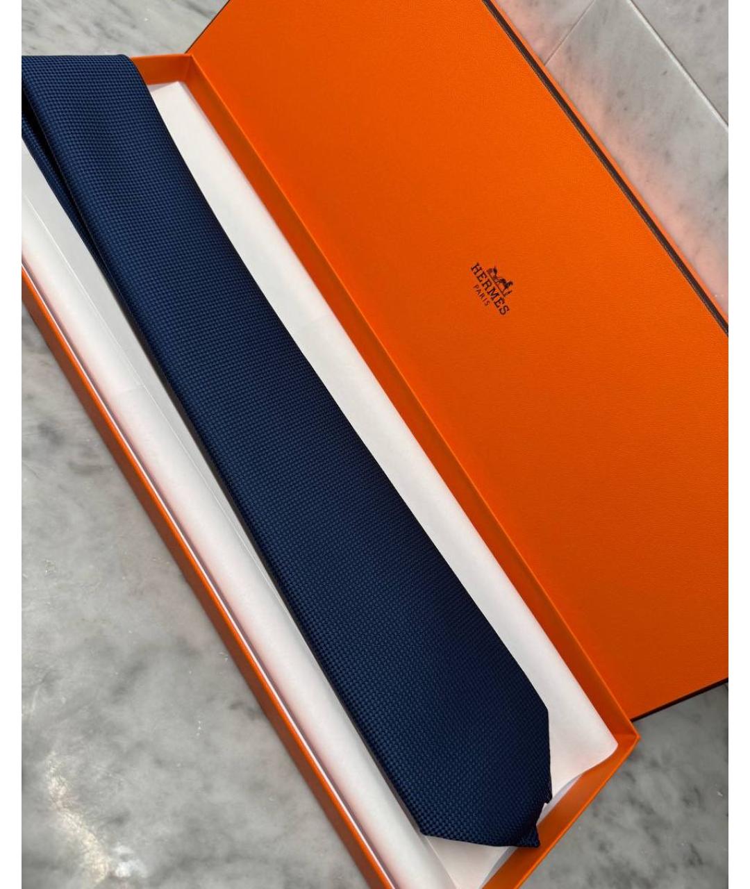 HERMES Темно-синий шелковый галстук, фото 2